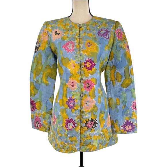 Mary McFadden Couture Silk Quilted Floral Jacket w/ Glass Bead Buttons – Size 10 - Picture 1 of 16